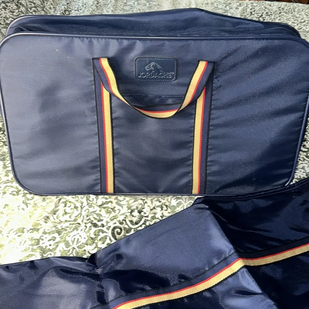 Excellent vintage Jordache blue nylon suitcase collection blue, red & tan handle